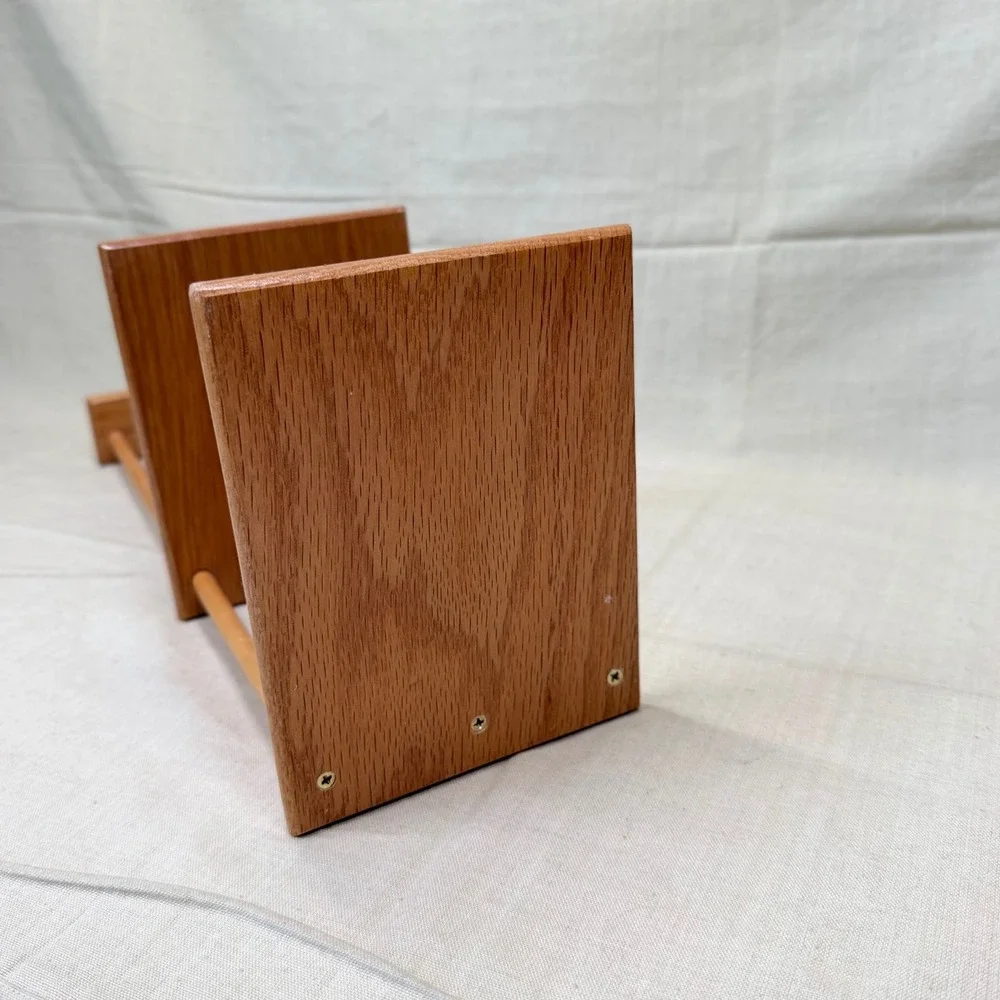 Vintage Mid Century Modern Oak Wood Desktop Book Rack Expandable Slat Bookshelf